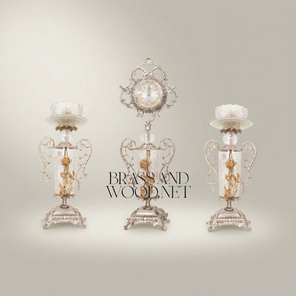 Rococo Brass & Crystal 3-Piece Clock Garniture Set with Rose Scroll Filigree — Silver