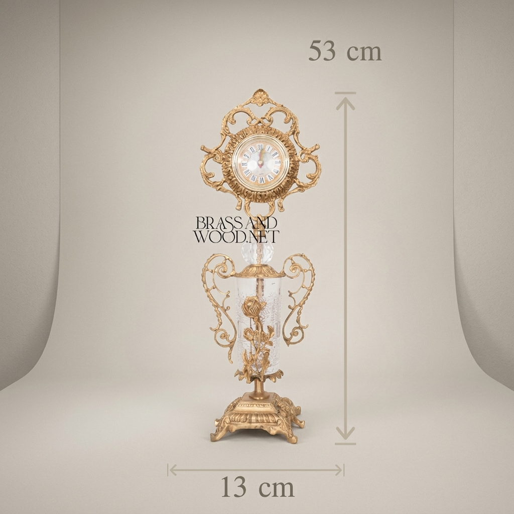 Rococo Brass & Crystal 3-Piece Clock Garniture Set with Rose Scroll Filigree — Antique Gold