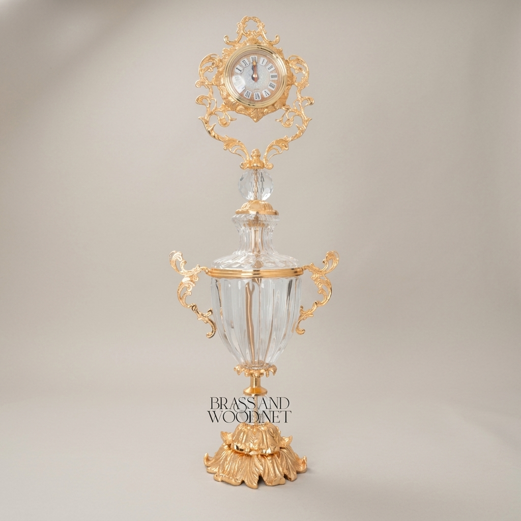 Rococo Crystal Urn Stand Clock with Acanthus Brass Frame & Faceted Crystal Body