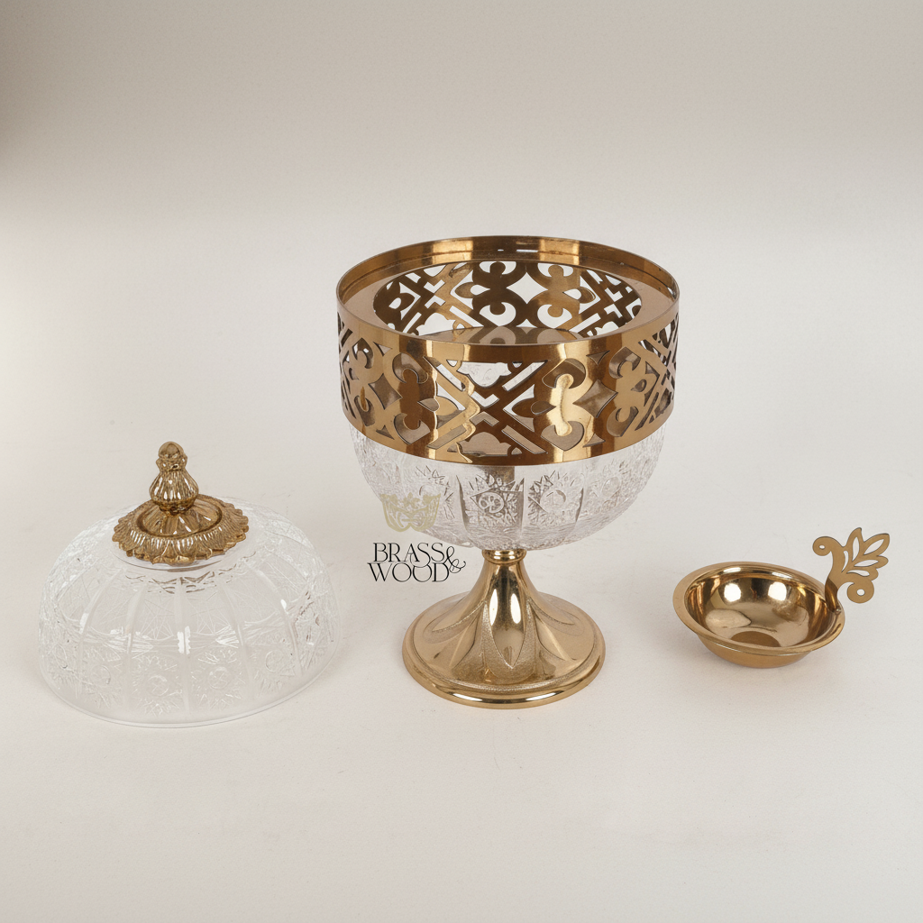 Arabesque Brass & Crystal Globe Incense Burner with Pierced Fretwork Crown