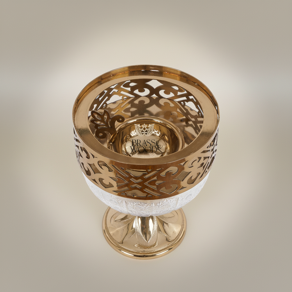 Arabesque Brass & Crystal Globe Incense Burner with Pierced Fretwork Crown — Gold