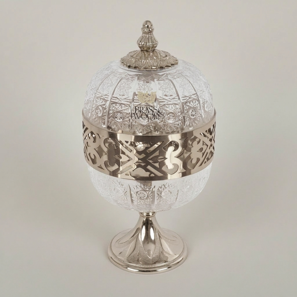Arabesque Brass & Crystal Globe Incense Burner with Pierced Fretwork Crown — Silver
