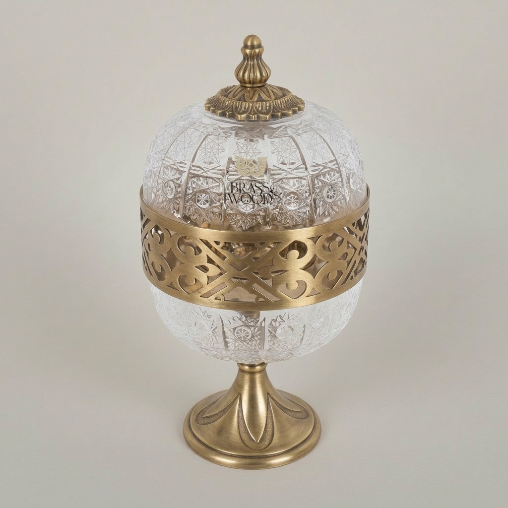 Arabesque Brass & Crystal Globe Incense Burner with Pierced Fretwork Crown — Antique Gold