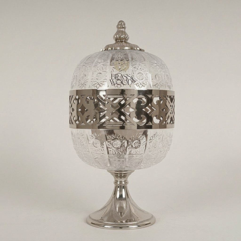 Arabesque Brass & Crystal Globe Incense Burner with Pierced Fretwork Crown — Silver