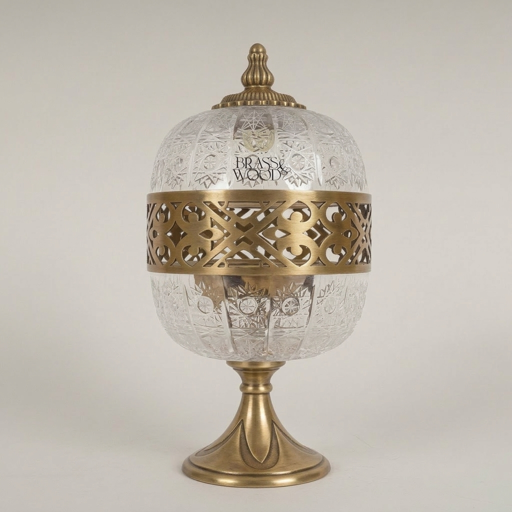 Arabesque Brass & Crystal Globe Incense Burner with Pierced Fretwork Crown — Antique Gold