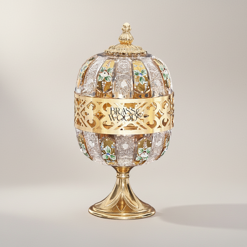 Arabesque Lattice Crystal & Brass Globe Incense Burner with Finial Lid