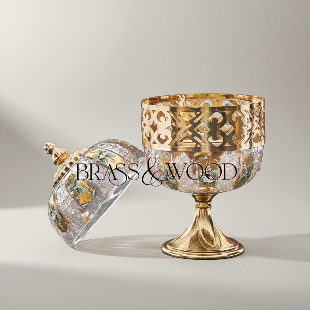 Arabesque Lattice Crystal & Brass Globe Incense Burner with Finial Lid — Gold