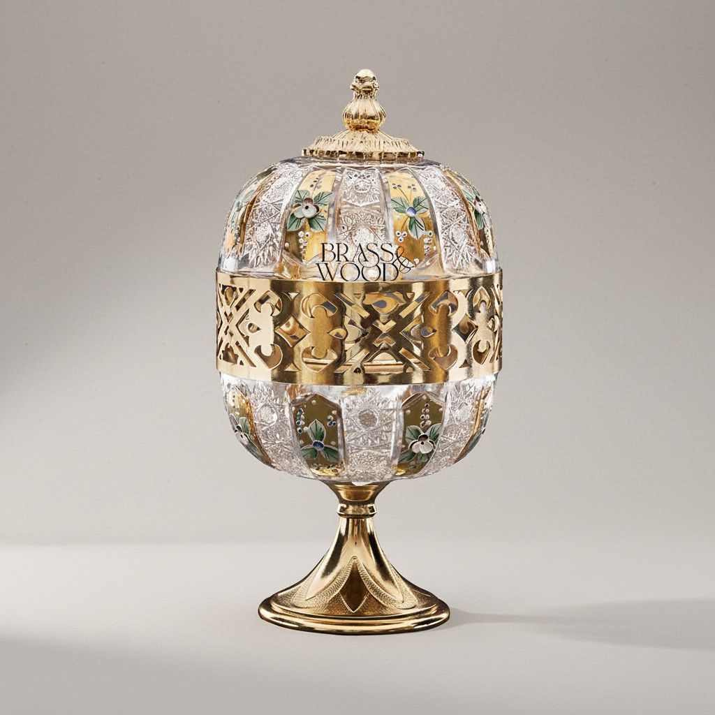Arabesque Lattice Crystal & Brass Globe Incense Burner with Finial Lid — Gold