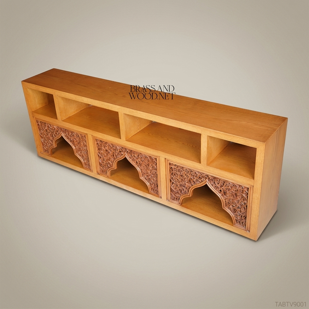 Arabesque Solid Wood TV Unit with Hand-Carved Muqarnas Arch Panels