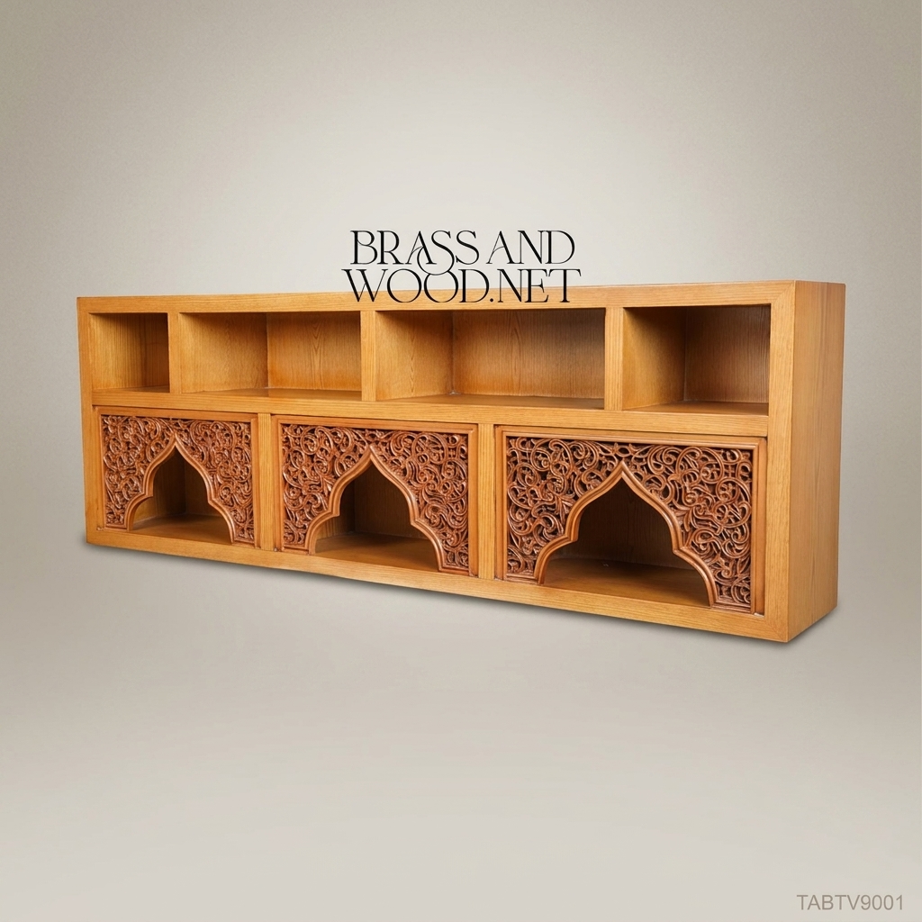 Arabesque Solid Wood TV Unit with Hand-Carved Muqarnas Arch Panels
