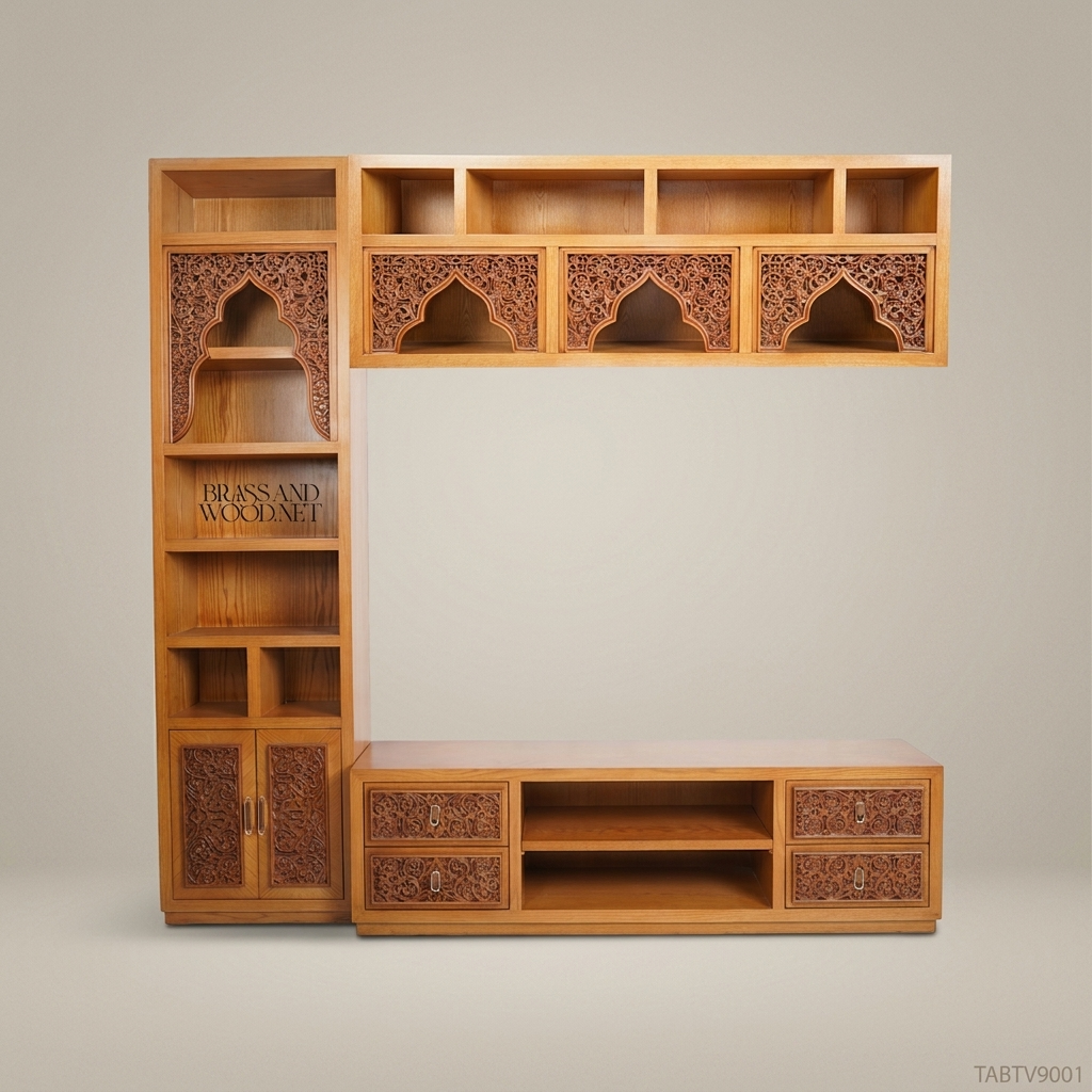 Arabesque Solid Wood TV Unit with Hand-Carved Muqarnas Arch Panels