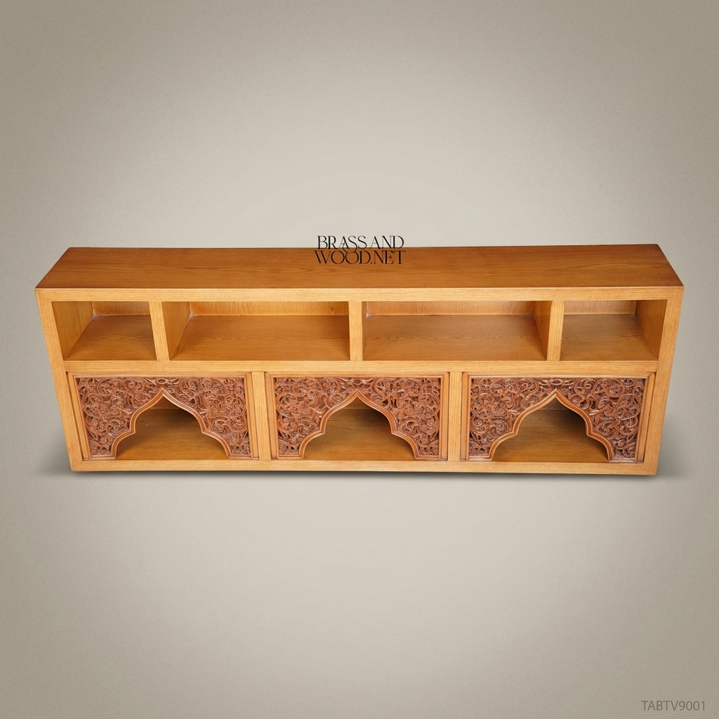Arabesque Solid Wood TV Unit with Hand-Carved Muqarnas Arch Panels