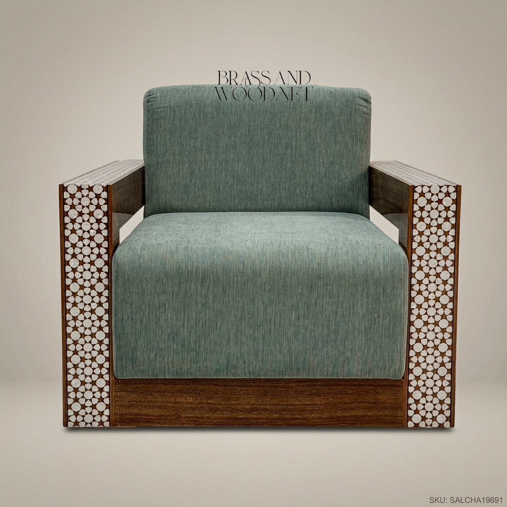 Art Deco armchair with mother-of-pearl geometric lattice inlay on solid wood frame and teal chenille cushions Main View | Brass & Wood