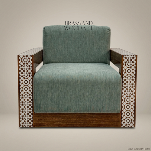 Art Deco armchair with mother-of-pearl geometric lattice inlay on solid wood frame and teal chenille cushions Main View | Brass & Wood