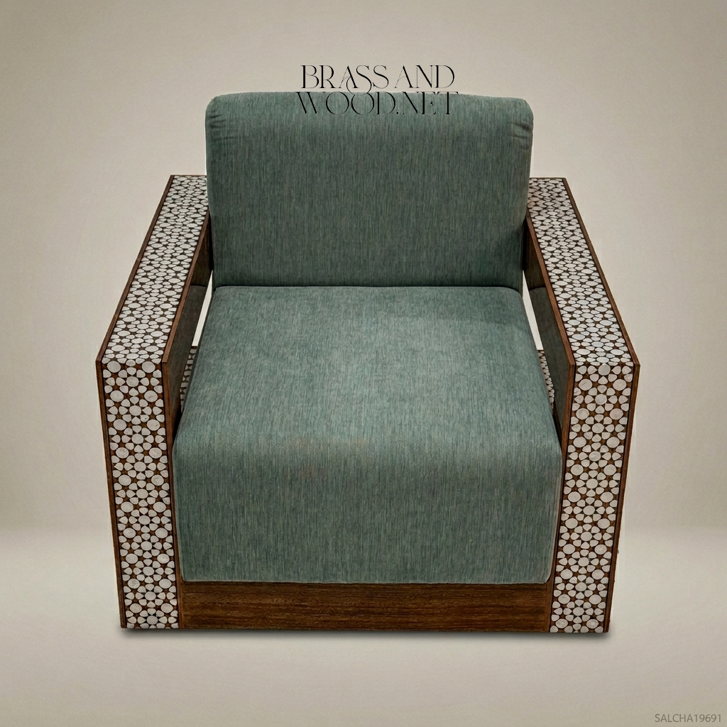 Art Deco armchair with mother-of-pearl geometric lattice inlay on solid wood frame and teal chenille cushions View 2 | Brass & Wood