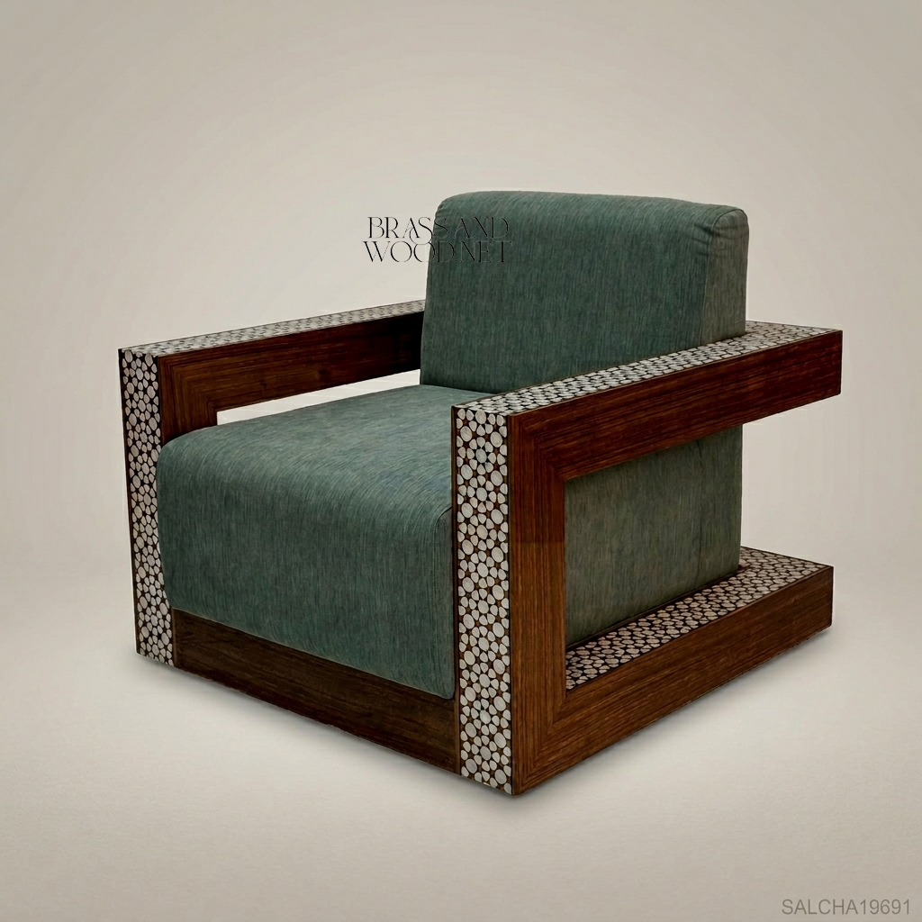 Art Deco armchair with mother-of-pearl geometric lattice inlay on solid wood frame and teal chenille cushions View 3 | Brass & Wood