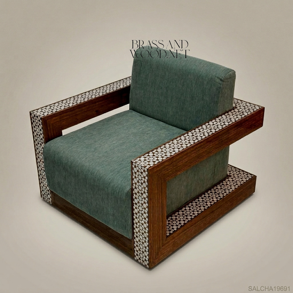 Art Deco armchair with mother-of-pearl geometric lattice inlay on solid wood frame and teal chenille cushions View 4 | Brass & Wood
