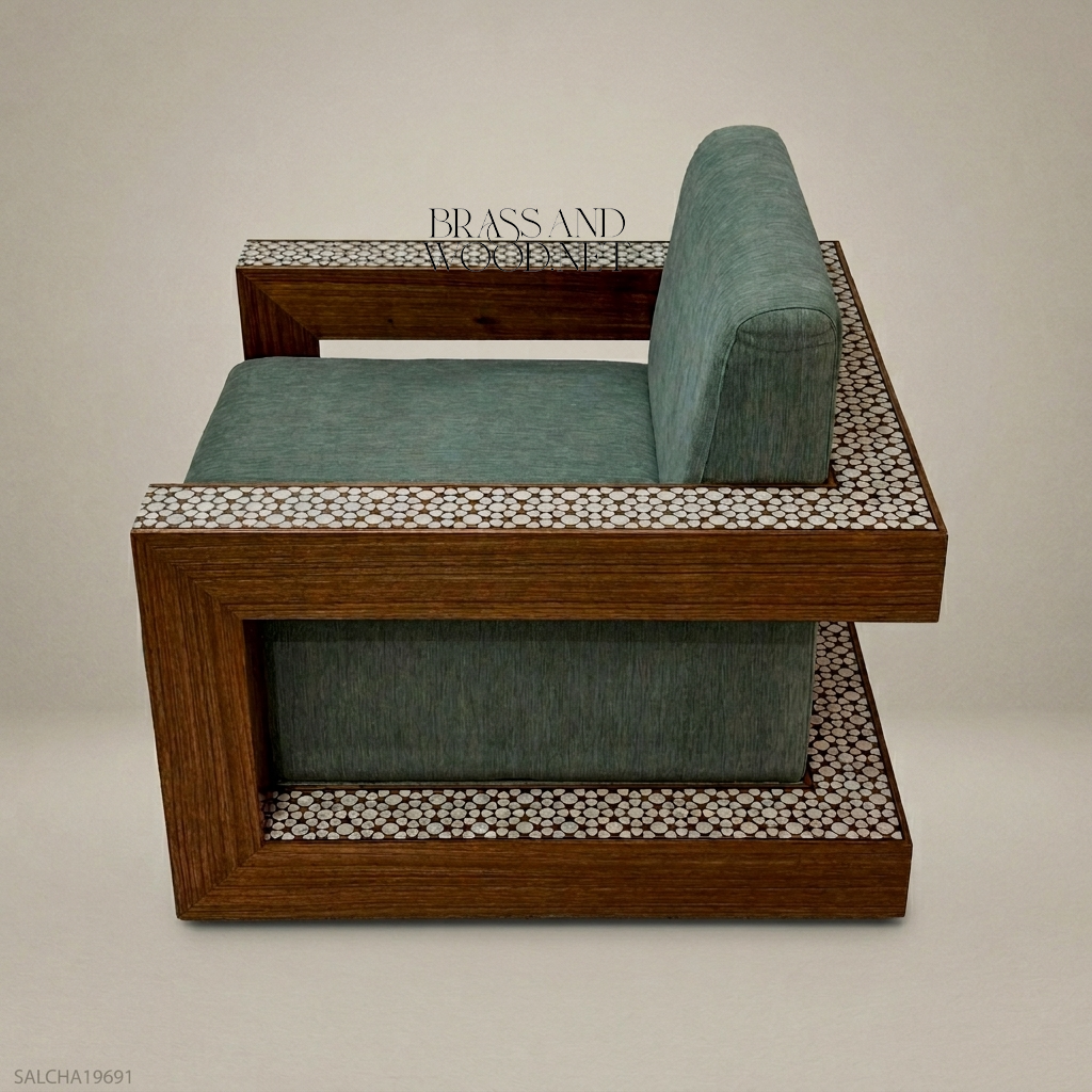 Art Deco armchair with mother-of-pearl geometric lattice inlay on solid wood frame and teal chenille cushions View 6 | Brass & Wood