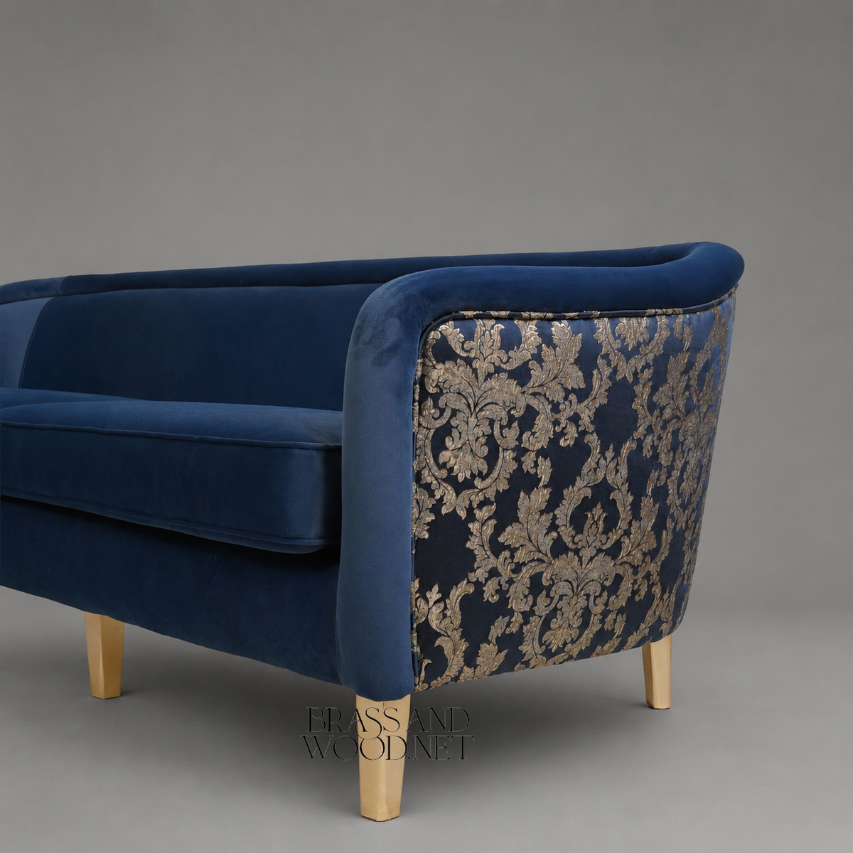 Navy Blue Velvet Barrel Sofa with Gold Damask Outer Panel on Gilt Tapered Legs Detail View | Brass & Wood