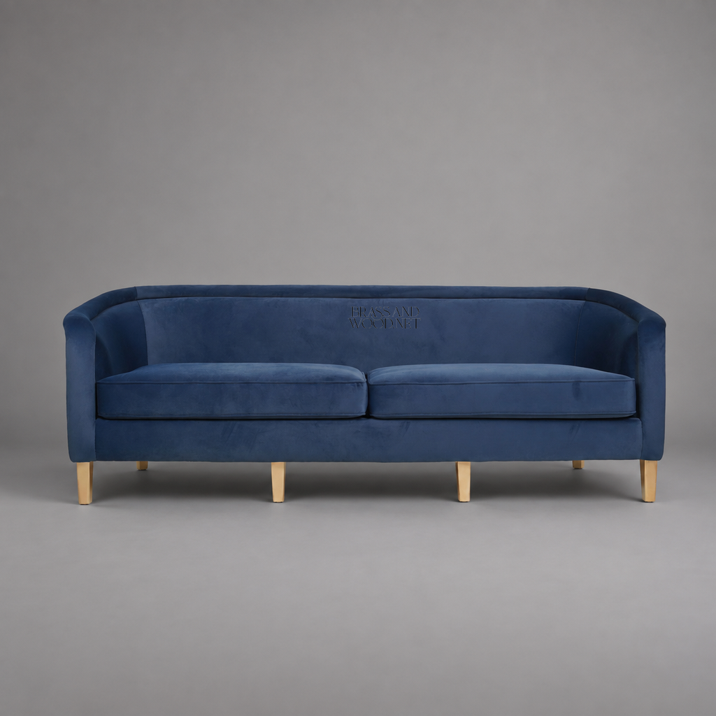 Navy Blue Velvet Barrel Sofa with Gold Damask Outer Panel on Gilt Tapered Legs Front View 4 | Brass & Wood