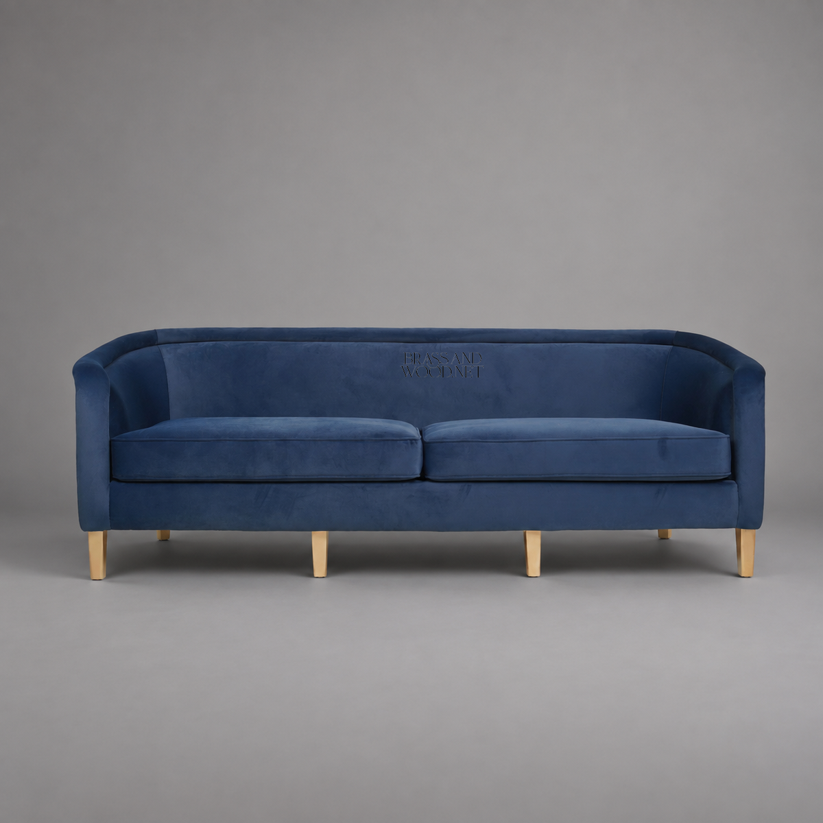 Navy Blue Velvet Barrel Sofa with Gold Damask Outer Panel on Gilt Tapered Legs Front View 4 | Brass & Wood