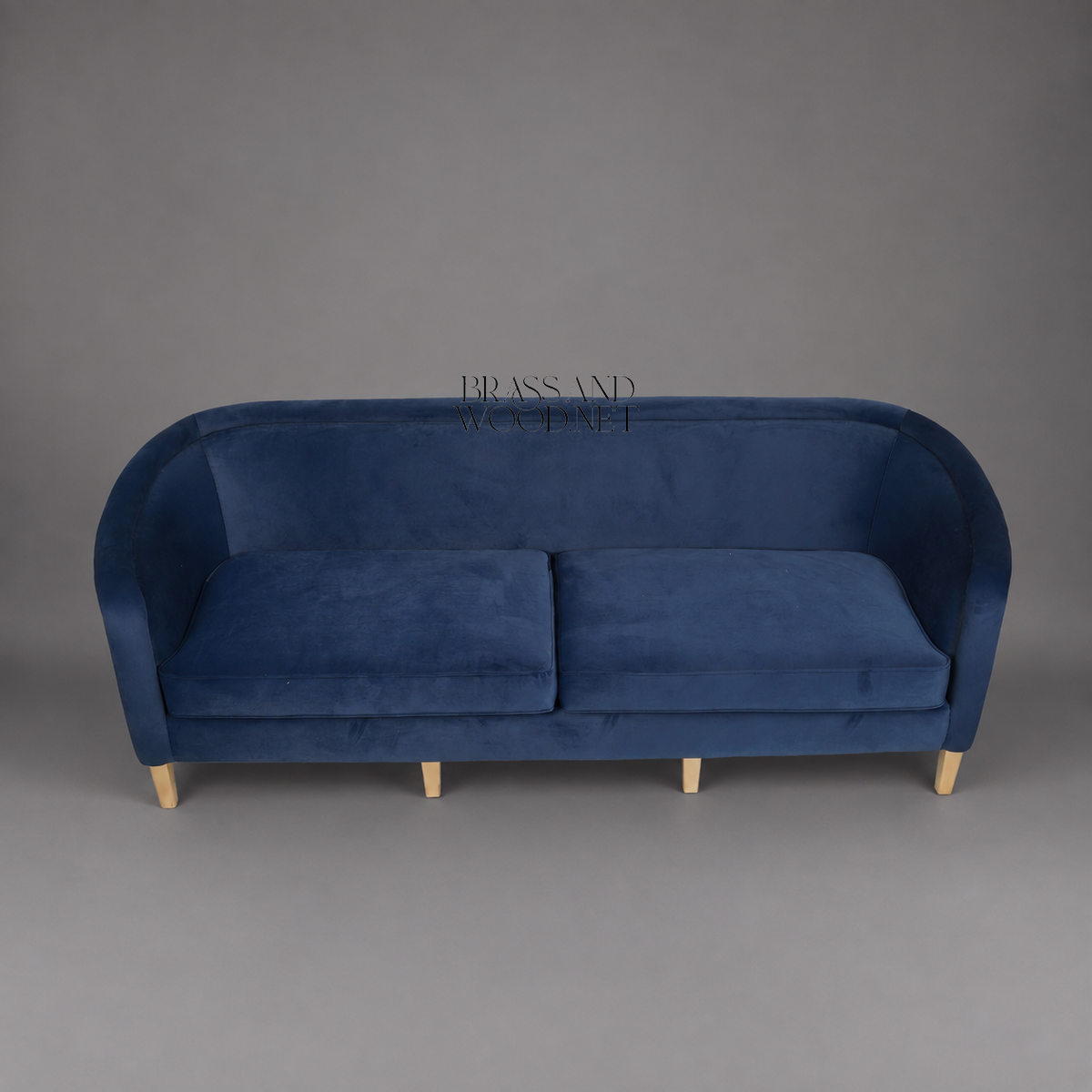 Navy Blue Velvet Barrel Sofa with Gold Damask Outer Panel on Gilt Tapered Legs Front View 3 | Brass & Wood