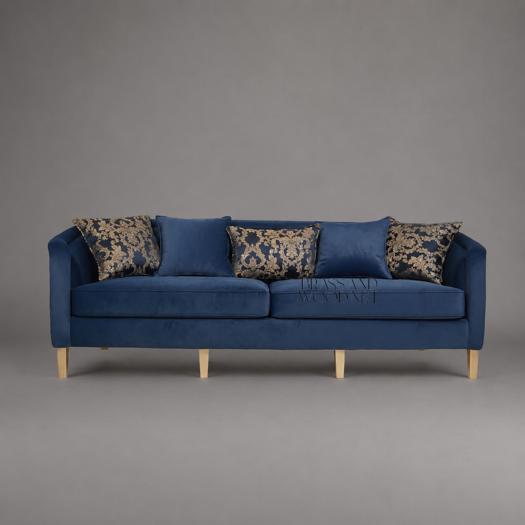 Navy Blue Velvet Barrel Sofa with Gold Damask Outer Panel on Gilt Tapered Legs Front View | Brass & Wood