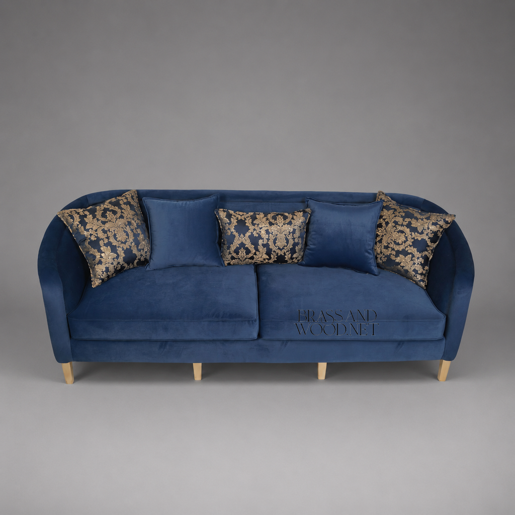 Navy Blue Velvet Barrel Sofa with Gold Damask Outer Panel on Gilt Tapered Legs Front View 2 | Brass & Wood
