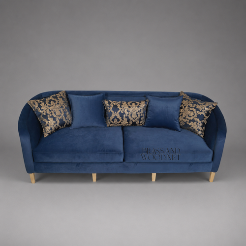 Navy Blue Velvet Barrel Sofa with Gold Damask Outer Panel on Gilt Tapered Legs Front View 2 | Brass & Wood