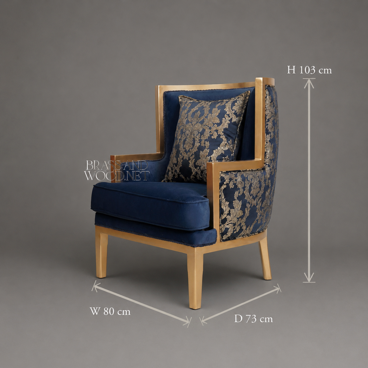 Art Deco Wing Armchair Gold Lacquered Wood Frame Navy Velvet Gold Damask Brocade Upholstery Main View | Brass & Wood
