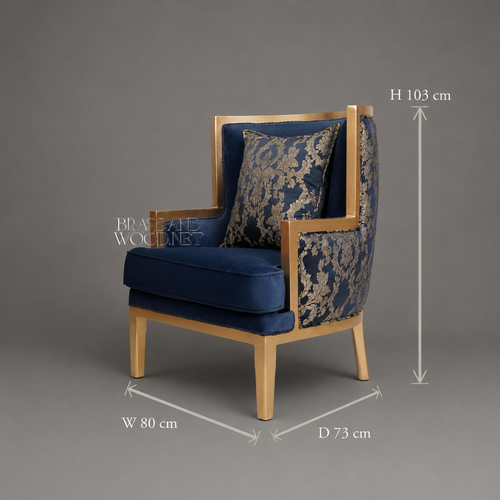 Art Deco Wing Armchair Gold Lacquered Wood Frame Navy Velvet Gold Damask Brocade Upholstery Main View | Brass & Wood