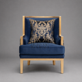 Art Deco Wing Armchair Gold Lacquered Wood Frame Navy Velvet Gold Damask Brocade Upholstery View 2 | Brass & Wood