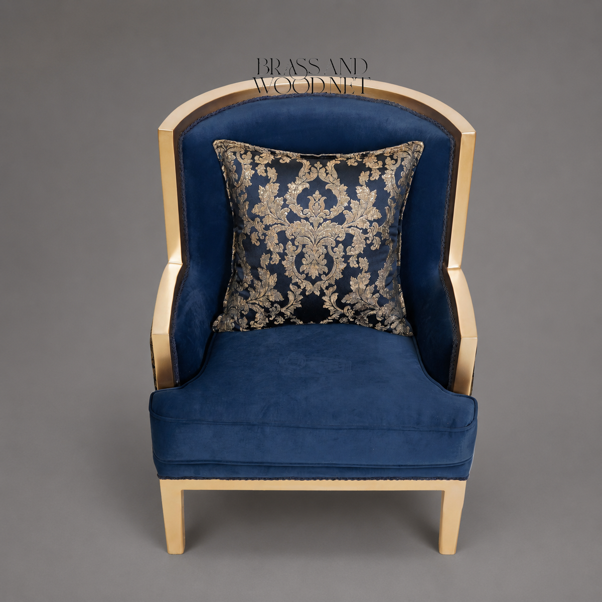 Art Deco Wing Armchair Gold Lacquered Wood Frame Navy Velvet Gold Damask Brocade Upholstery View 3 | Brass & Wood