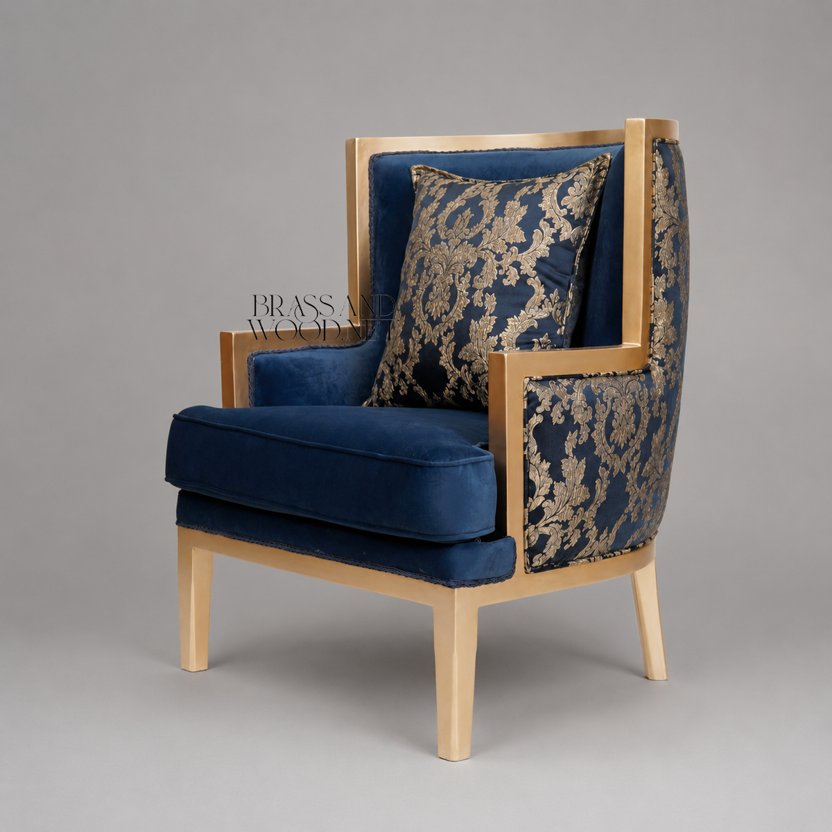 Art Deco Wing Armchair Gold Lacquered Wood Frame Navy Velvet Gold Damask Brocade Upholstery View 4 | Brass & Wood