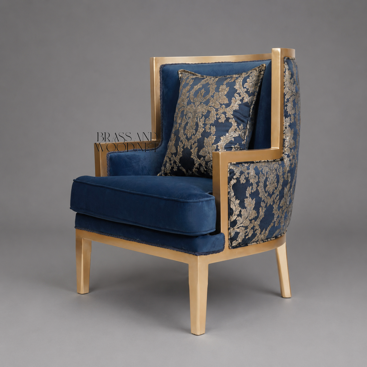Art Deco Wing Armchair Gold Lacquered Wood Frame Navy Velvet Gold Damask Brocade Upholstery View 5 | Brass & Wood