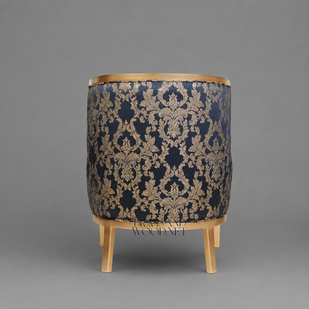 Art Deco Wing Armchair Gold Lacquered Wood Frame Navy Velvet Gold Damask Brocade Upholstery View 6 | Brass & Wood