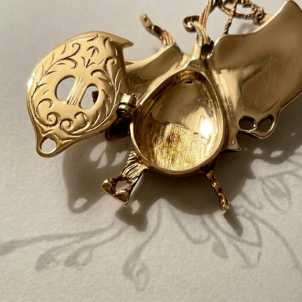 Art Nouveau Brass Beetle Ashtray - Hinged Wing Lid with Engraved Scrollwork — Gold