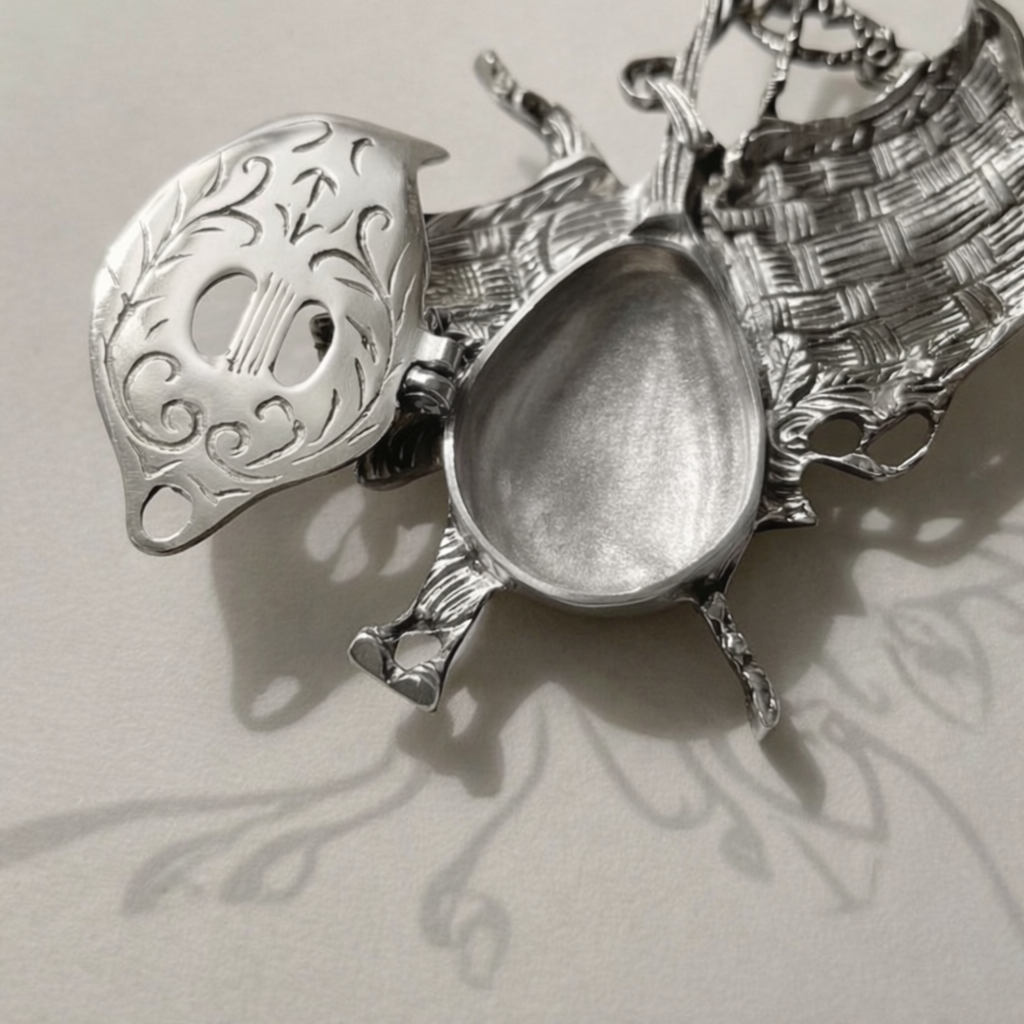 Art Nouveau Brass Beetle Ashtray - Hinged Wing Lid with Engraved Scrollwork — Silver