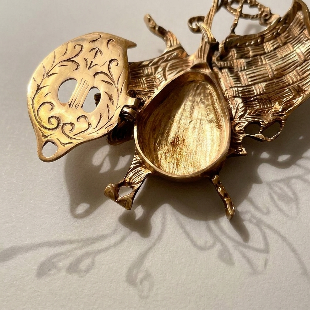 Art Nouveau Brass Beetle Ashtray - Hinged Wing Lid with Engraved Scrollwork — Antique Gold