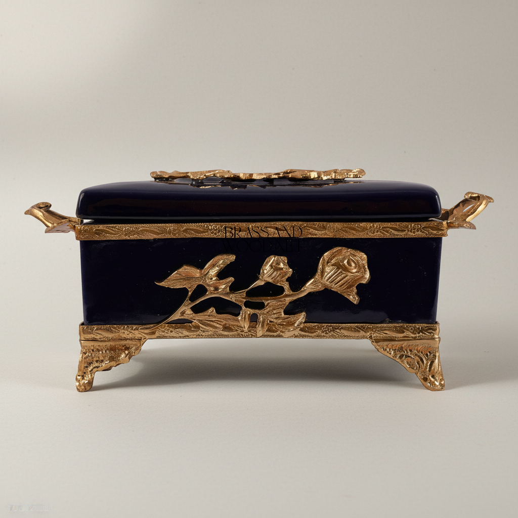 Art Nouveau Brass & Cobalt Ceramic Tissue Box - Rose Branch Relief — Gold