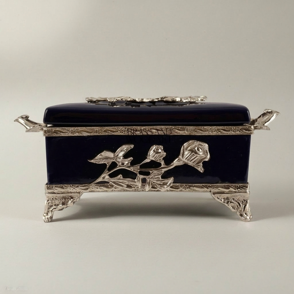 Art Nouveau Brass & Cobalt Ceramic Tissue Box - Rose Branch Relief — Silver