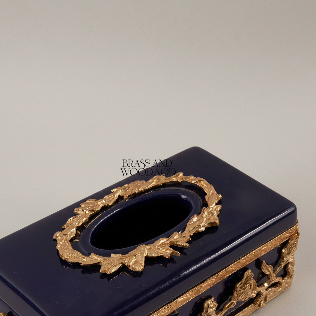 Art Nouveau Brass & Cobalt Ceramic Tissue Box - Rose Branch Relief — Gold