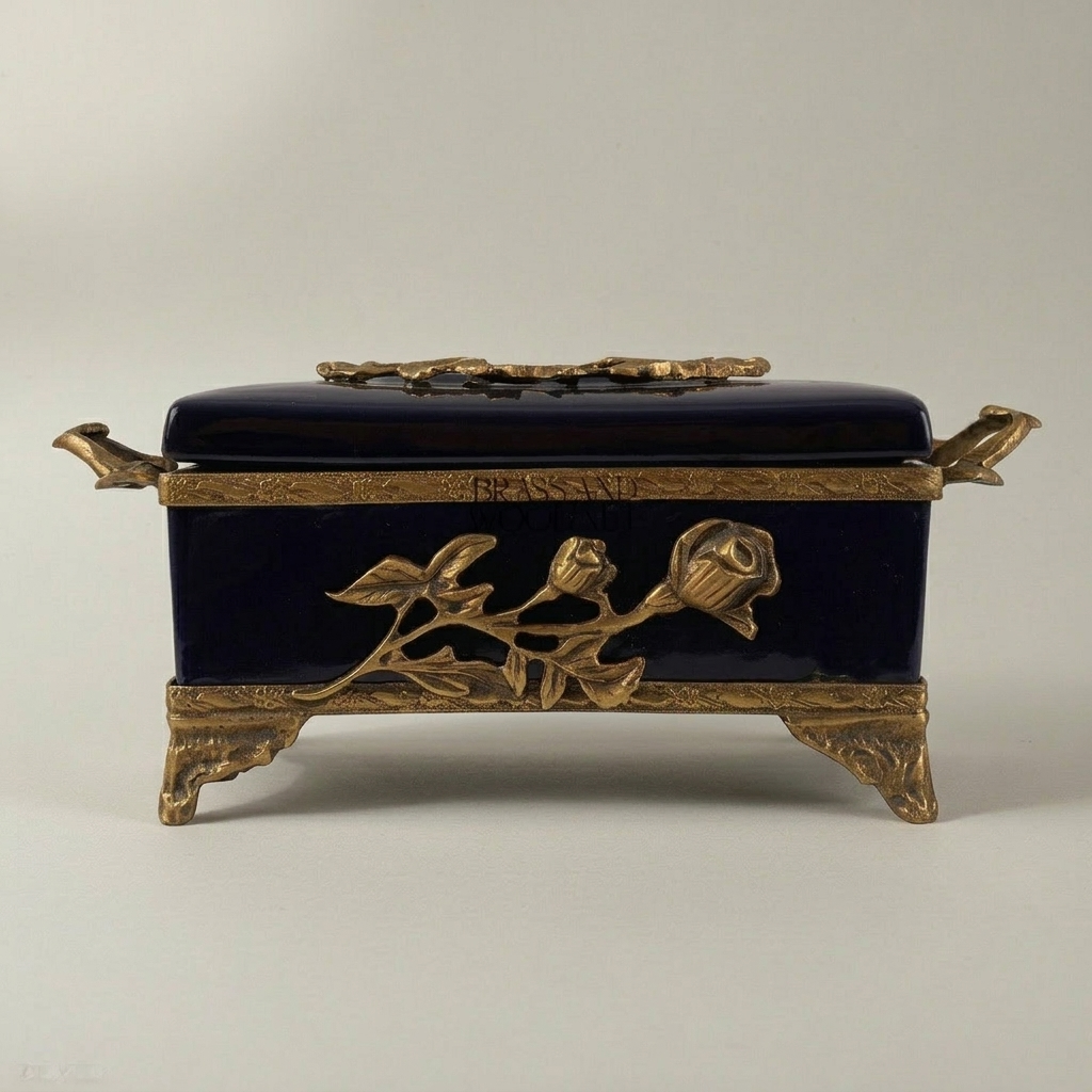 Art Nouveau Brass & Cobalt Ceramic Tissue Box - Rose Branch Relief — Antique Gold