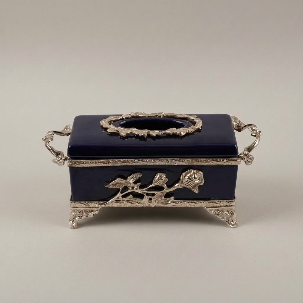 Art Nouveau Brass & Cobalt Ceramic Tissue Box - Rose Branch Relief — Silver