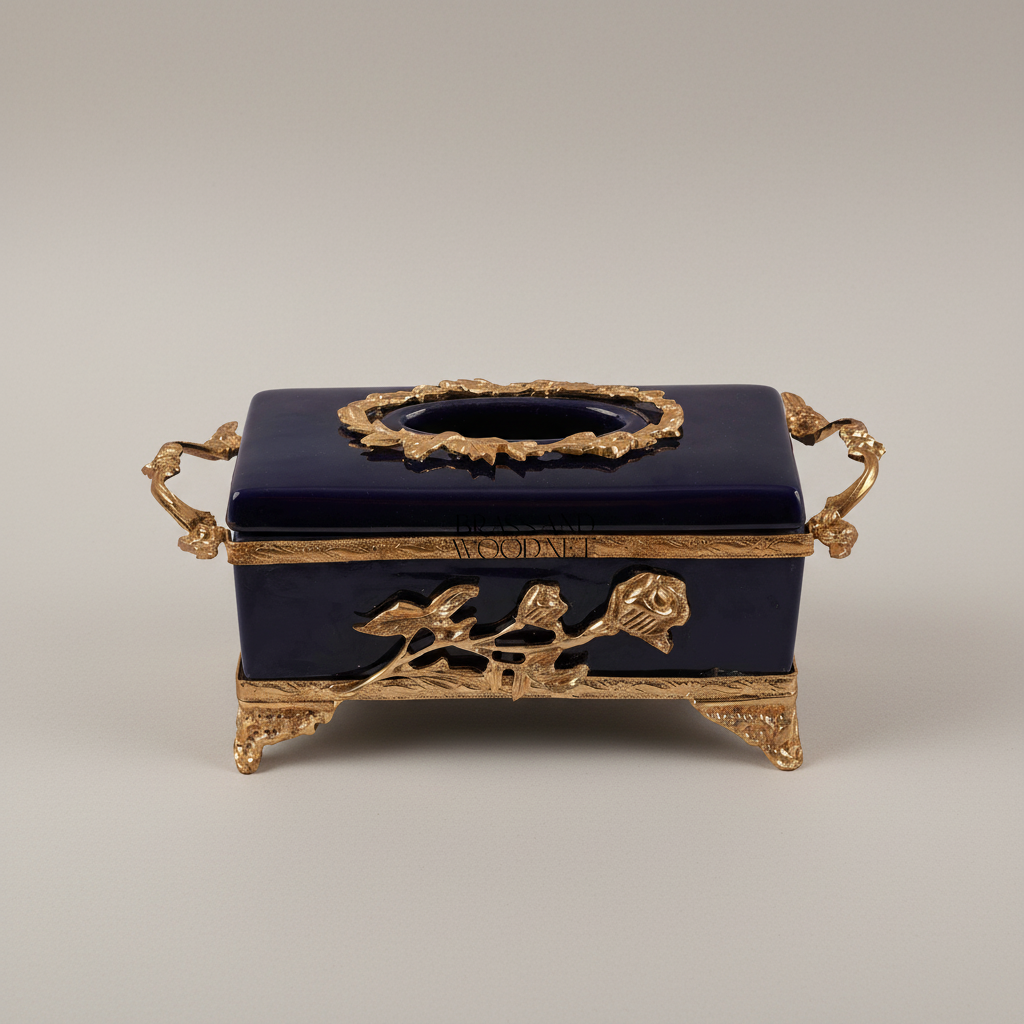 Art Nouveau Brass & Cobalt Ceramic Tissue Box - Rose Branch Relief — Gold