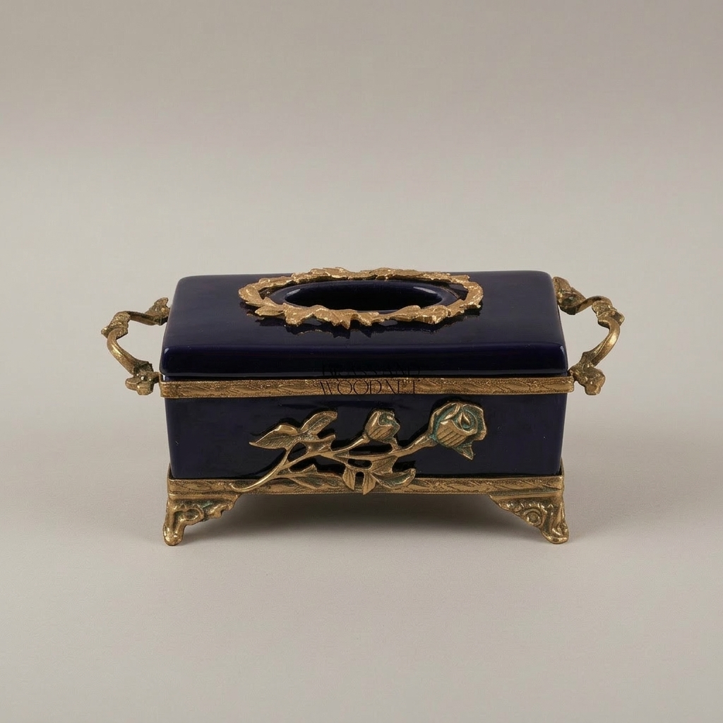 Art Nouveau Brass & Cobalt Ceramic Tissue Box - Rose Branch Relief — Antique Gold