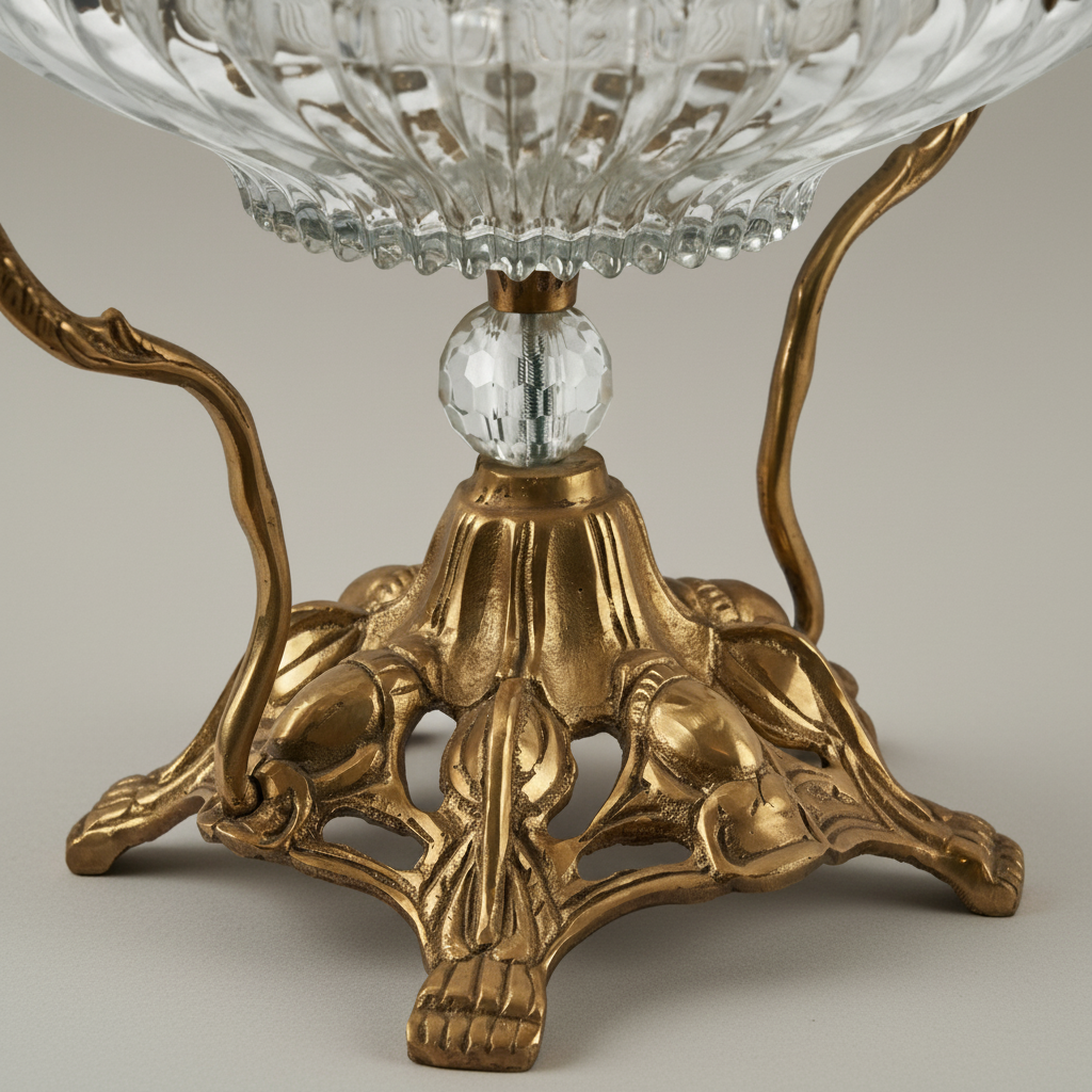 Art Nouveau Brass & Crystal Centerpiece Bowl - Ornate Foliage Stand