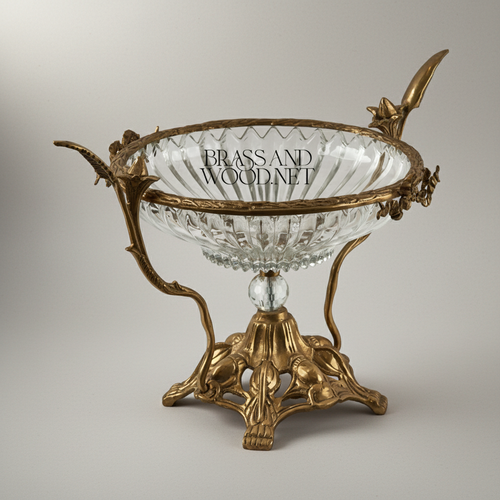 Art Nouveau Brass & Crystal Centerpiece Bowl - Ornate Foliage Stand