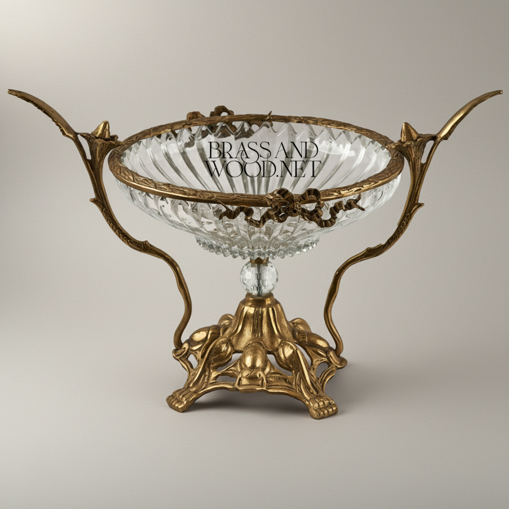 Art Nouveau Brass & Crystal Centerpiece Bowl - Ornate Foliage Stand