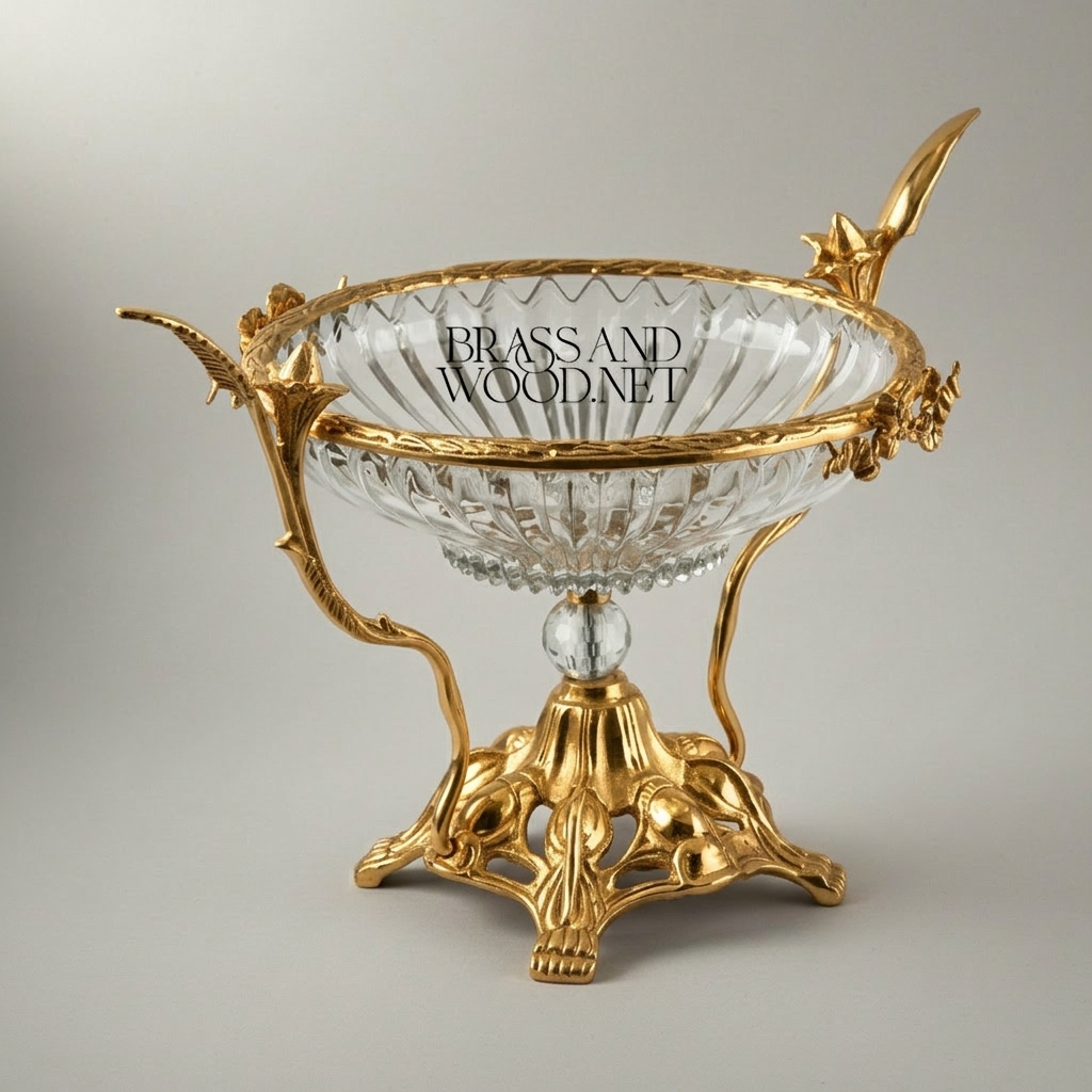 Art Nouveau Brass & Crystal Centerpiece Bowl - Ornate Foliage Stand — Gold
